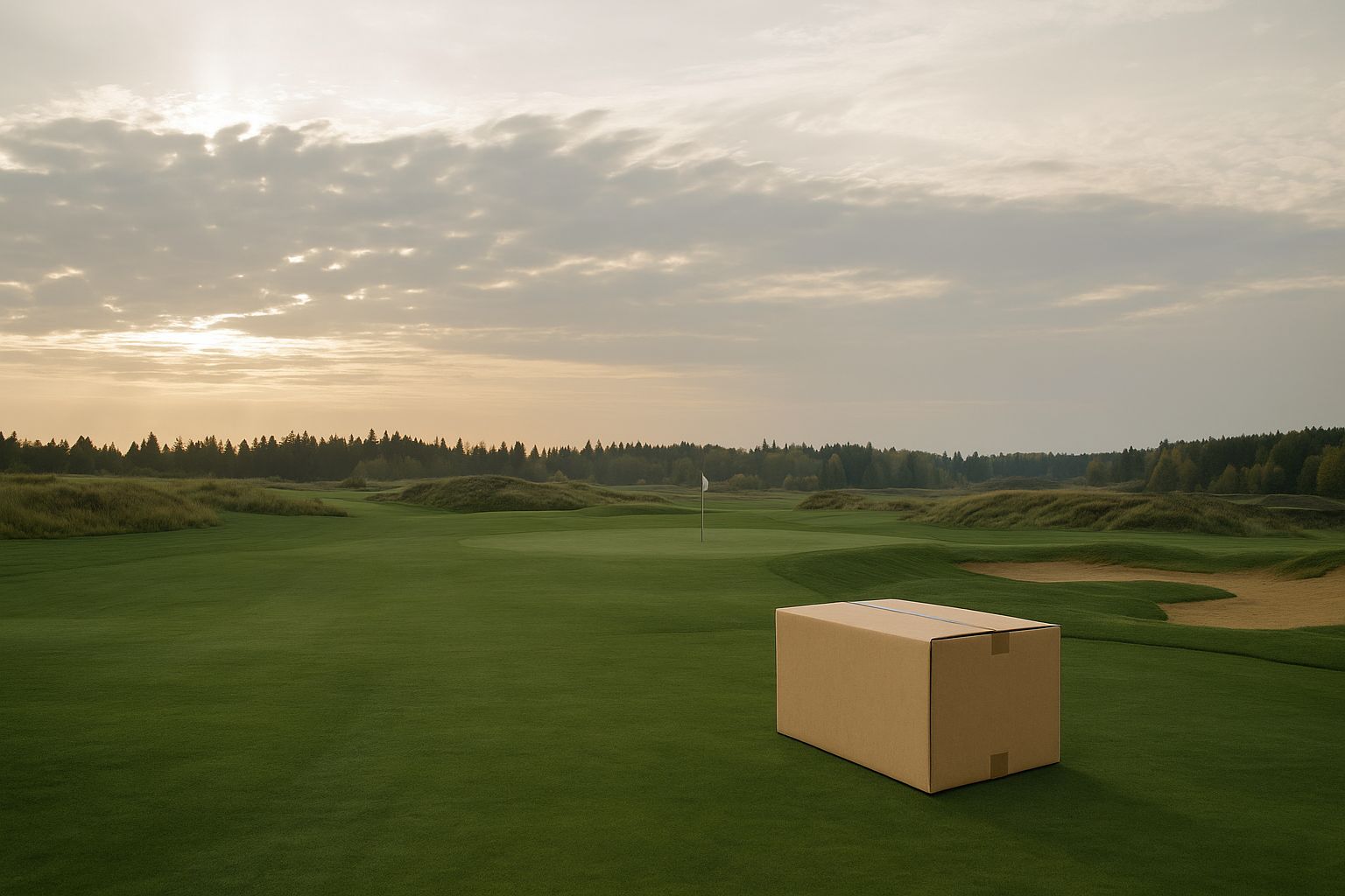 Golfer schlägt Ball auf grünem Fairway, Lieferwagen im Hintergrund, Golfclub