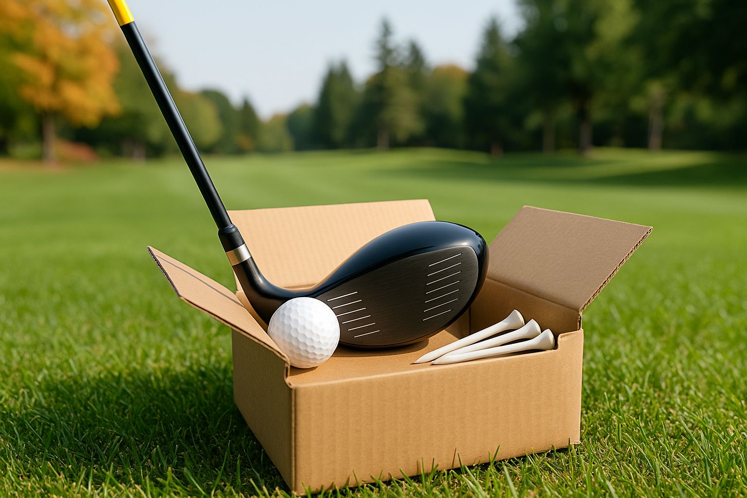 Nahaufnahme von Golf-Tees und einem Golfschläger auf Kunstrasen